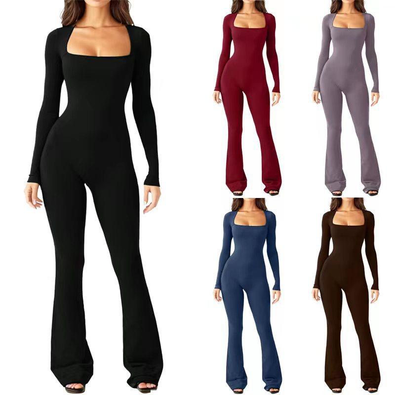 Womens Sexy Open Back Long Sleeve Flared Bottom Pants Romper Bodycon Jumpsuit