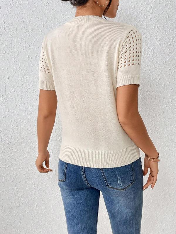 Women's Plain Hollow Out Round Neck Knit Top, Casual Short Sleeve Knitwear Top for Summer, Fashion Women's Knit Clothing for Daily Wear, Sweaters for Women, Comfort Summer Knitting Tops, Summer Outfits 2024