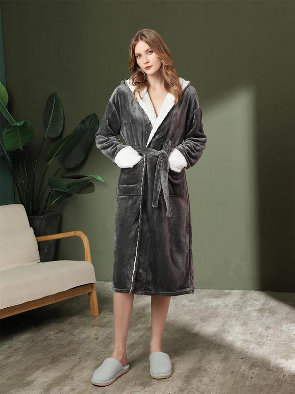 Women's Solid Thickened Belted Hooded Flannel Robe, Comfort PJ for Homewear, Casual Long Sleeve Pocket Design Thermal Lined Bathrobe for Fall & Winter, Women's Sleepwear for Indoor Home Wear