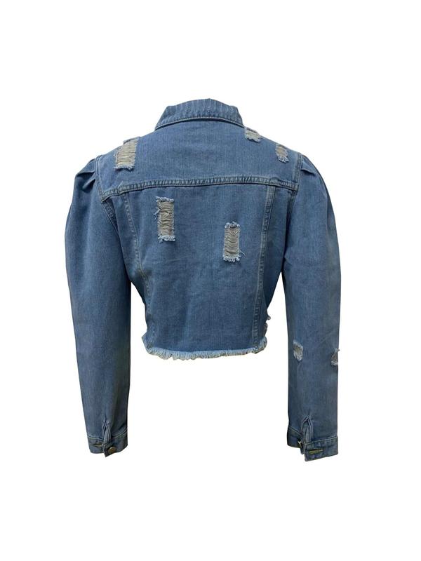 Women's Button Front Raw Hem Denim Jacket, Street Fashion Casual Long Sleeve Pocket Collared Outerwear for Daily Wear, Women Winter Jackets, Ladies Fall & Winter Clothes