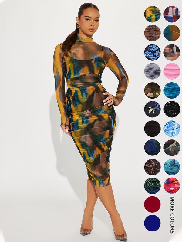 Women's All Over Print Ruched Sheer Bodycon Dress & Spaghetti Strap Cami Dress Set, Mock Neck Long Sleeve Midi Dress & Inner Dress, Ladies Spring & Fall Clothes, Fall Clothing