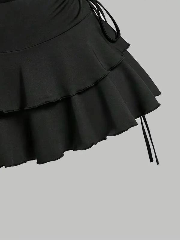 Women's Plain Ruffle Trim Tiered Layer A Line Skirt, Casual Tie Side Short Skirt for Daily Wear, Ladies Bottoms for All Seasons, Downtown Girl Clothes, Downtown Girl Clothes