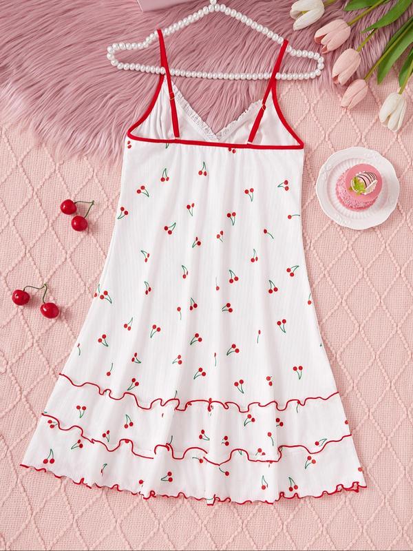 Women's Cherry Print Contrast Lace Frill Cami Nightdress, Summer Wear 2024, Adjustable Spaghetti Strap Contrast Binding Deep V Neck Night Gown for Women, House Dress, Cute Nightwear, Ladies Sleepwear for All Seasons