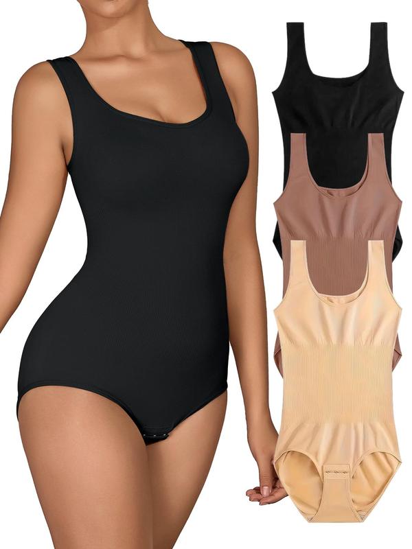 Women's Solid Scoop Neck Shapewear Tank Bodysuit, Seamless Shaper, Tummy Control Shaper, Comfortable Breathable Shaper for Daily Wear, Comfort Womenswear for Lady, Minimalist Basic Underwear for Women