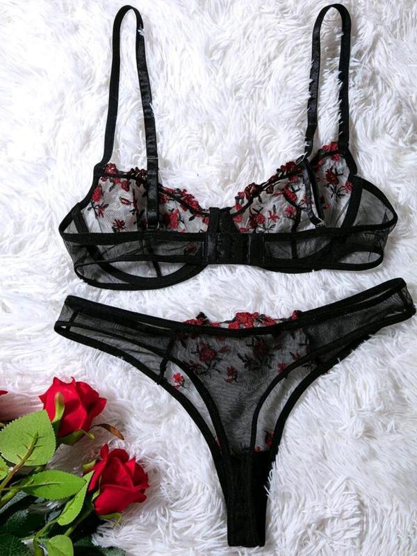 Women's Floral Embroidery Sexy Lingerie Set, Adjustable Strap Bra & Sheer Panty Two-piece Set, Sexy Underwear Set for Women