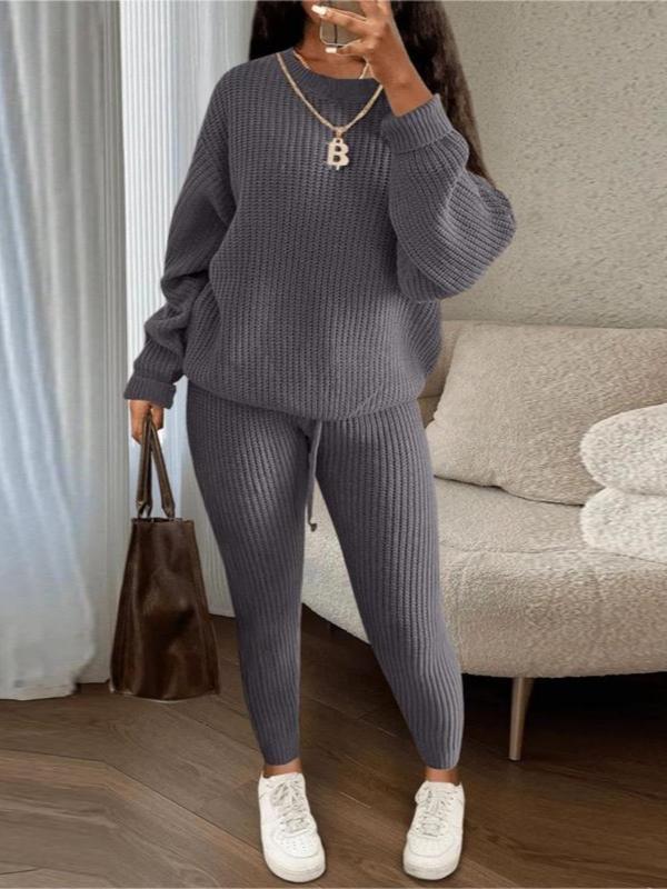 Women's Solid Drop Shoulder Long Sleeve Sweater & Drawstring Waist Pants Set, Casual Fashion Cozy Knitwear for Daily Outdoor Wear, Two Piece Set Women, Ladies Fall Clothes, Downtown Girl Clothes, Hourglass Body in Baggy Clothes