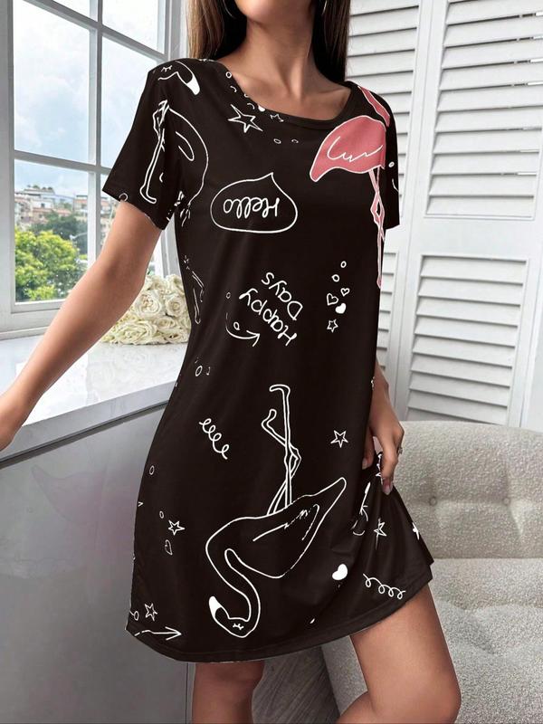 Women's Letter All Over Print Round Neck Nightdress, Casual Comfy Short Sleeve Nightgown for Daily Home Wear, Ladies Sleepwear for All Seasons