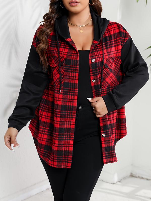 Plus Size Colorblock Plaid Print Button Front Shirt Jacket, Casual Drop Shoulder Long Sleeve Flap Pocket Outerwear for Fall & Winter, Women's Clothes for Daily Wear