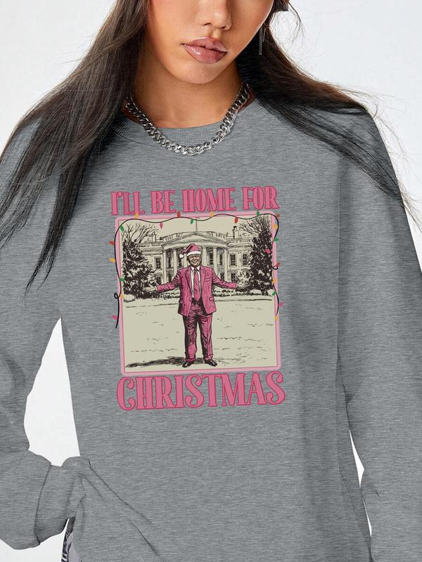 Women's Cartoon Christmas Light & Letter Print Round Neck Sweatshirt, Casual Long Sleeve Pullover, Ladies Fall & Winter Clothes for Daily Wear