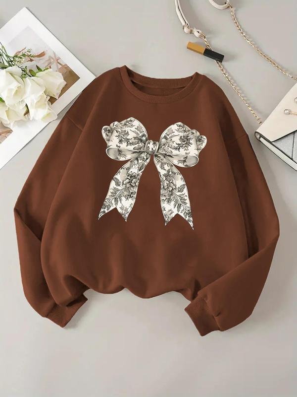 Women's Bow Decor Pullover Sweatshirt, Casual Long Sleeve Crew Neck Sweatshirt for Daily Wear, Ladies Clothes for All Seasons