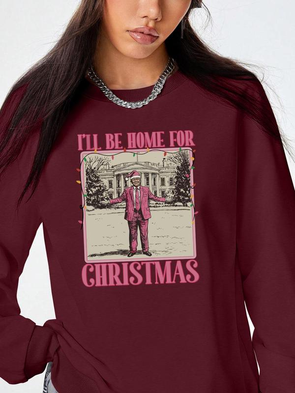 Women's Cartoon Christmas Light & Letter Print Round Neck Sweatshirt, Casual Long Sleeve Pullover, Ladies Fall & Winter Clothes for Daily Wear