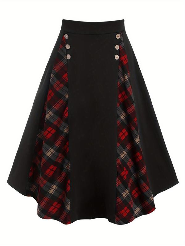  Plaid Patchwork Button A Line Skirt, Retro Casual Fashionable Skirt for Daily Outdoor Wear, Women Clothing for Fall & Winter