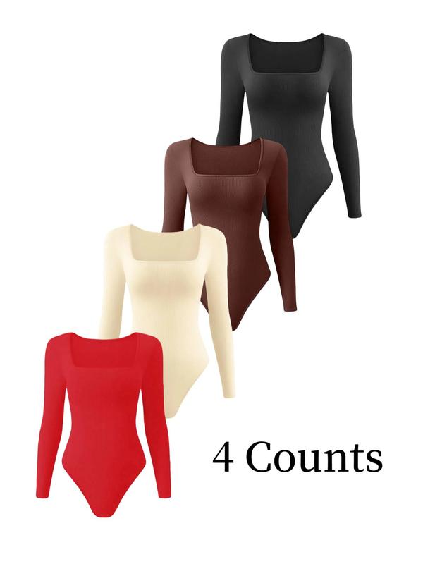 Women's Solid Square Neck Long Sleeve Shapewear Bodysuit, Casual Comfy Tummy Control Shaper for Daily Wear, Ladies Shapewear for All Seasons Womenswear Tops Womenswear Tops