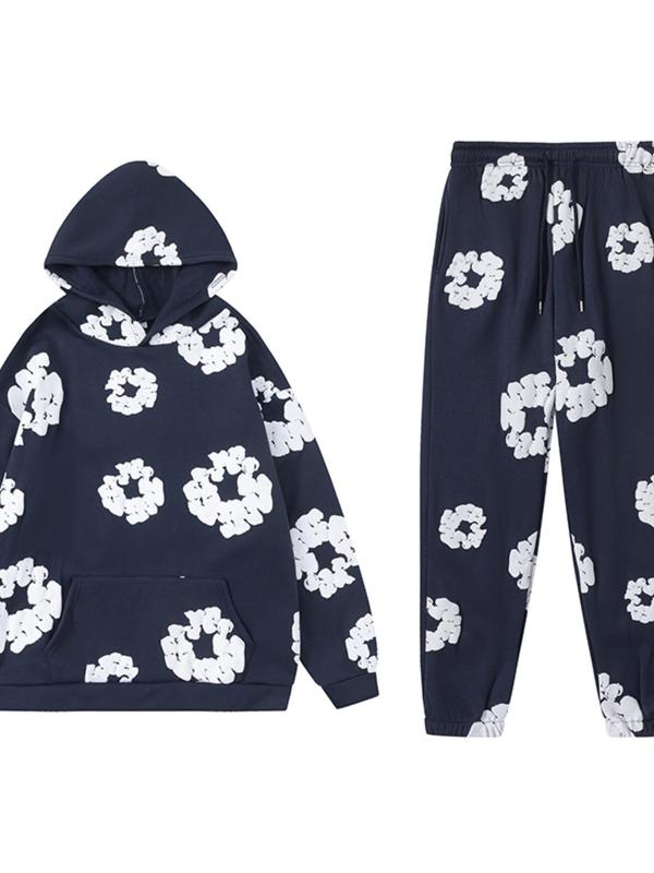 Two-piece Set Women's Floral Print Pocket Hoodie & Drawstring Waist Sweatpants Set, Casual Long Sleeve Hooded Pullover & Elastic Waist Pants, Women's Fall & Winter Clothes, Comfort Sweat Set