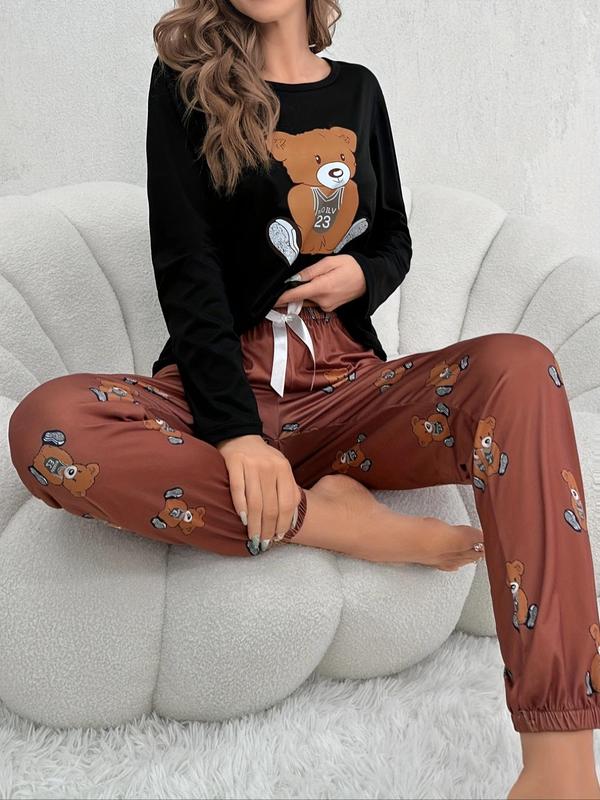 Women's Cartoon Print Bow Decor Pyjama Set, Casual Long Sleeve Tee & Elastic Waist Pants, Women's Sleepwear For Spring & Fall, Fashion PJ Homewear