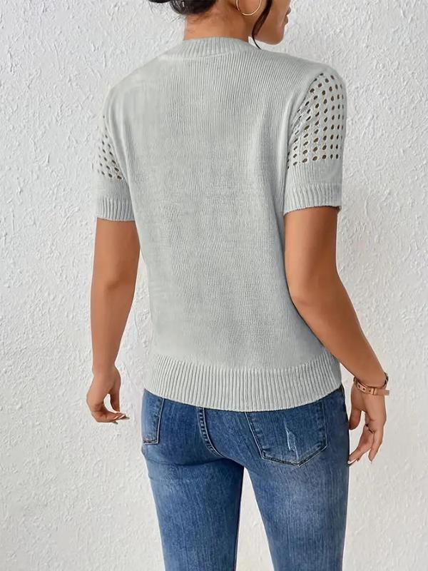 Women's Plain Hollow Out Round Neck Knit Top, Casual Short Sleeve Knitwear Top for Summer, Fashion Women's Knit Clothing for Daily Wear, Sweaters for Women, Comfort Summer Knitting Tops, Summer Outfits 2024