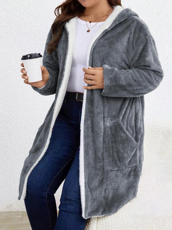 Women's Solid Drop Shoulder Pocket Fuzzy Hooded Jacket, Casual Long Sleeve Thermal Lined Outerwear for Fall & Winter, Women's Clothes for Daily Wear