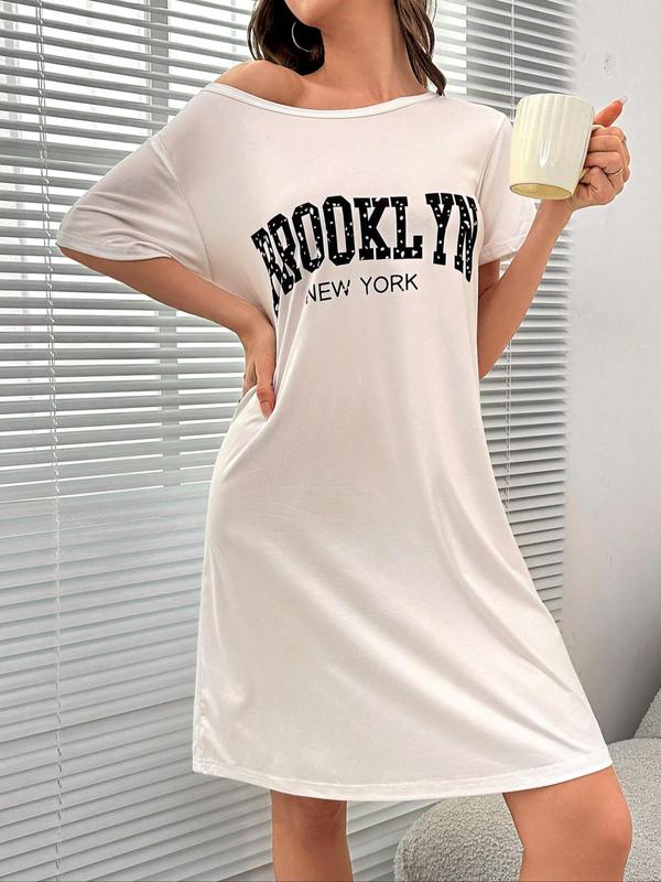 Women's Letter All Over Print Round Neck Nightdress, Casual Comfy Short Sleeve Nightgown for Daily Home Wear, Ladies Sleepwear for All Seasons