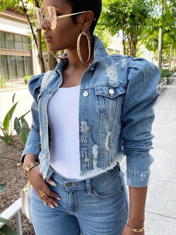 Women's Button Front Raw Hem Denim Jacket, Street Fashion Casual Long Sleeve Pocket Collared Outerwear for Daily Wear, Women Winter Jackets, Ladies Fall & Winter Clothes