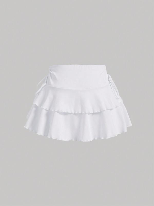 Women's Plain Ruffle Trim Tiered Layer A Line Skirt, Casual Tie Side Short Skirt for Daily Wear, Ladies Bottoms for All Seasons, Downtown Girl Clothes, Downtown Girl Clothes