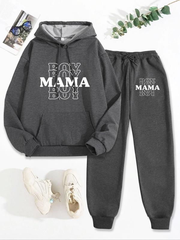 Two-piece Set Women's Letter Print Drop Shoulder Pocket Hoodie & Drawstring Waist Sweatpants Two-piece Set, Casual Fashion Breathable Two Piece Outfits for Daily Wear, Ladies Fall & Winter Clothes