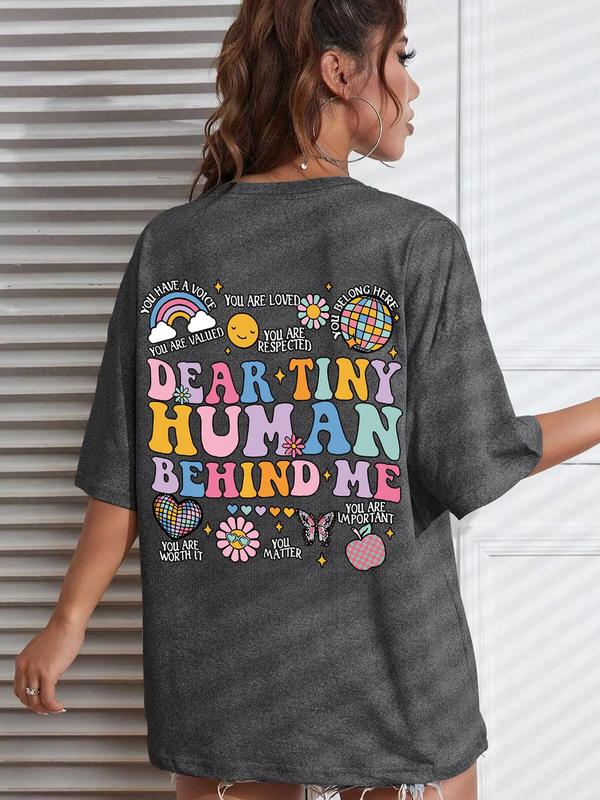 Women's Rainbow & Letter & Floral Print Round Neck Graphic Tee, T Shirts for Women, Vintage Trendy Casual Short Sleeve T-shirt for Daily Wear, Ladies Summer Outfit