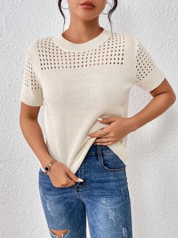 Women's Plain Hollow Out Round Neck Knit Top, Casual Short Sleeve Knitwear Top for Summer, Fashion Women's Knit Clothing for Daily Wear, Sweaters for Women, Comfort Summer Knitting Tops, Summer Outfits 2024