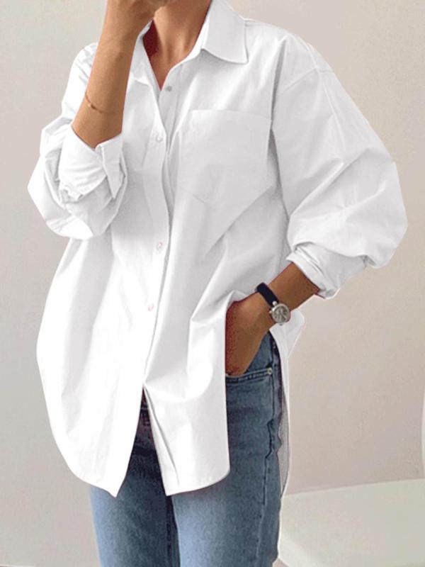 Women's Plain Button Front Drop Shoulder Shirt, Casual Long Sleeve Collared Top for Fall & Winter, Women's Clothing for Daily Wear