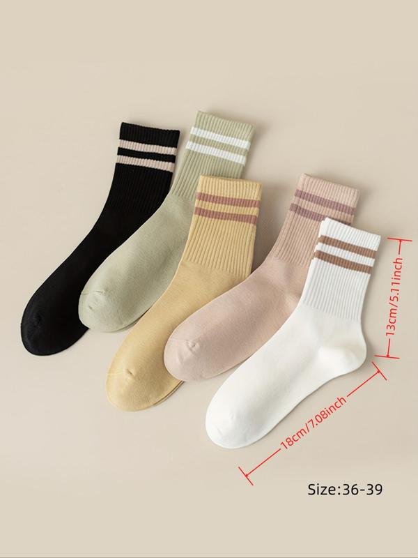 Women's 6 Pairs Striped Print Crew Socks, Fashion Casual Preppy Style Soft Comfort Breathable Socks for Daily School Wear, Lady Socks for All Seasons, Womenswear