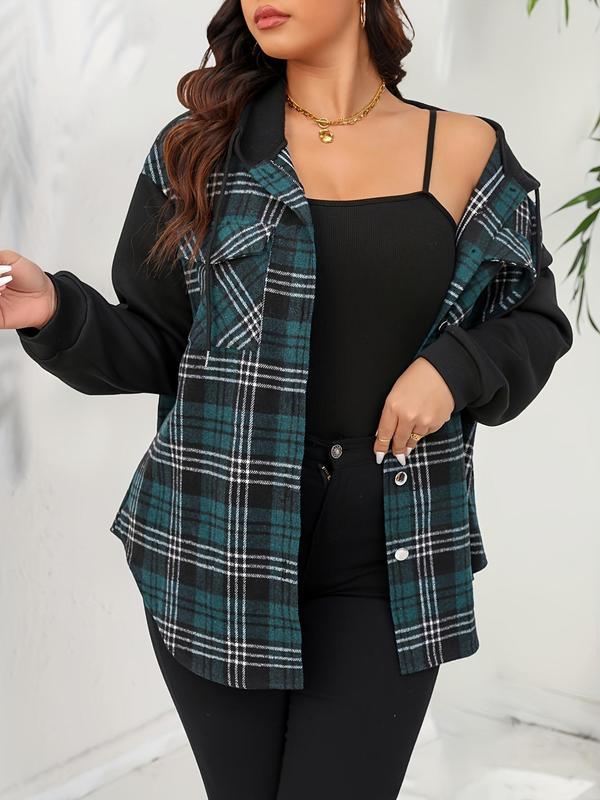 Plus Size Colorblock Plaid Print Button Front Shirt Jacket, Casual Drop Shoulder Long Sleeve Flap Pocket Outerwear for Fall & Winter, Women's Clothes for Daily Wear