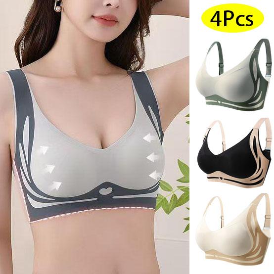 4Pcs Sports Bra Underwear Set, No Scars, No Steel Rings, Bra Set, Sexy Gathering, Top Support, Vest Style Women's I-back Bra Colorblock Wireless Colorblock Wireless