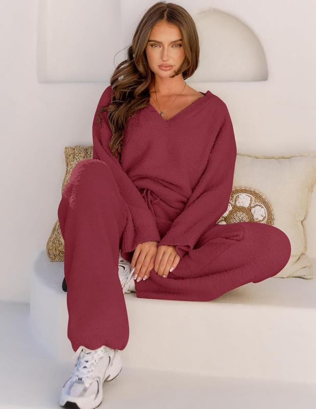 MEROKEETY Women's 2 Piece Outfits Fuzzy Fleece Pajama Set Long Sleeve Top Wide Leg Pants Loungewear Musthaves Pinkaesthetic Shoppingaddict Tiktokshopvalentinesday