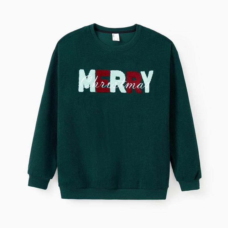 PatPat Christmas Sweatshirt Matching Family 3D Fluff Merry Christmas Green&Red Long Sleeves Ribbed Tops