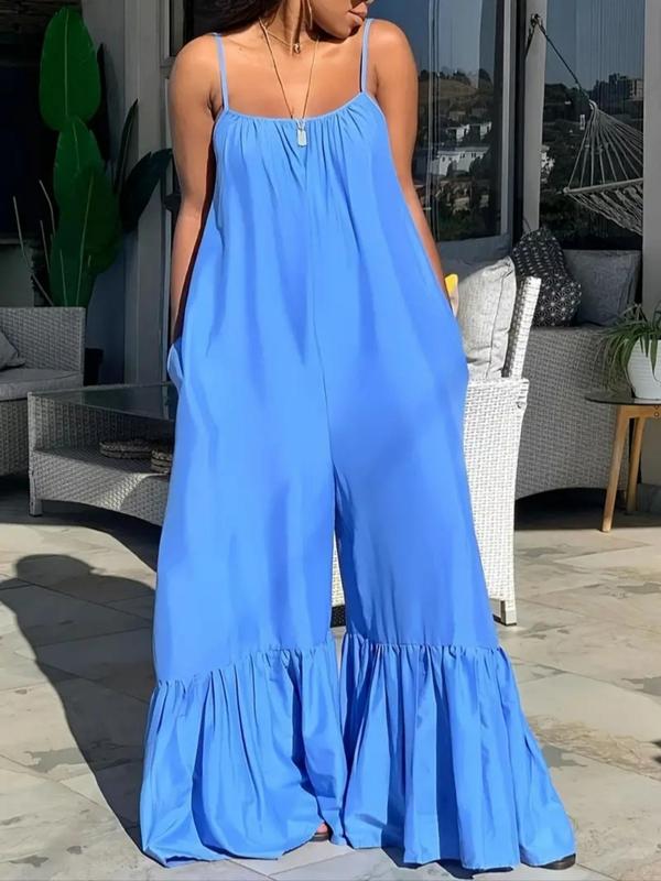 Women's Basic Plain Ruched Ruffle Hem Maxi Jumpsuit, Lady Minimalist Boho Casual Comfort Spaghetti Strap Sleeveless Flared Leg Overalls for Summer, Ladies Clothes for Daily Wear, Womenswear, Jumpsuits for Women, Summer Outfits 2024