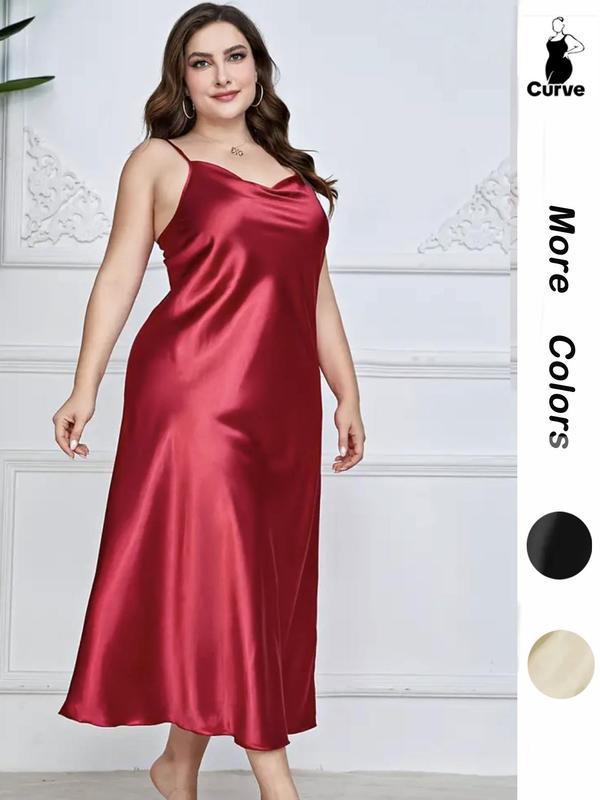 Plus Size Plain Cowl Neck Backless Satin Cami Nightdress, Casual Comfy Adjustable Spaghetti Strap Nightgown, Women's Sleepwear for Summer