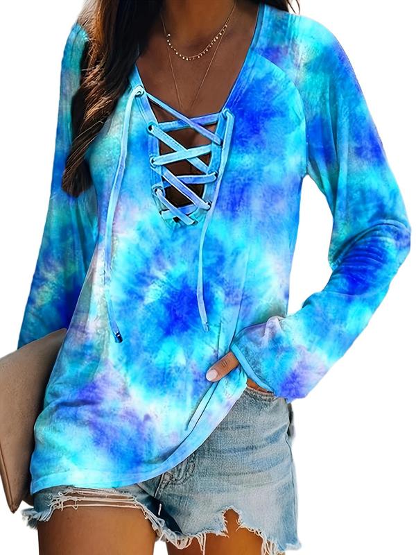 Plus Size Summer Tie Dye Print Lace Up Raglan Sleeve Tee, Women's Summer Clothes, Casual 2000s Y2K Long Sleeve T-Shirt for Spring & Fall, Womens Clothing, Women's Top for Daily Wear, Basic Womenswear