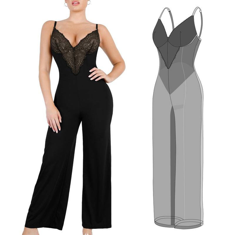 Popilush Lace Deep V-Neck Wide-Leg Shapewear Jumpsuit Official Live