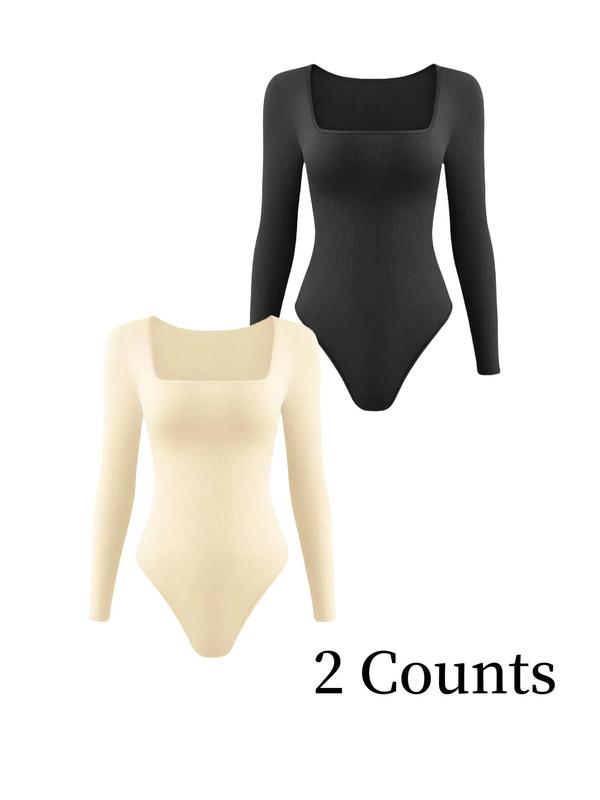 Women's Solid Square Neck Long Sleeve Shapewear Bodysuit, Casual Comfy Tummy Control Shaper for Daily Wear, Ladies Shapewear for All Seasons Womenswear Tops Womenswear Tops