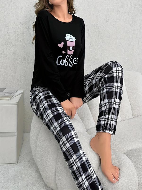 Women's Cartoon Print Bow Decor Pyjama Set, Casual Long Sleeve Tee & Elastic Waist Pants, Women's Sleepwear For Spring & Fall, Fashion PJ Homewear