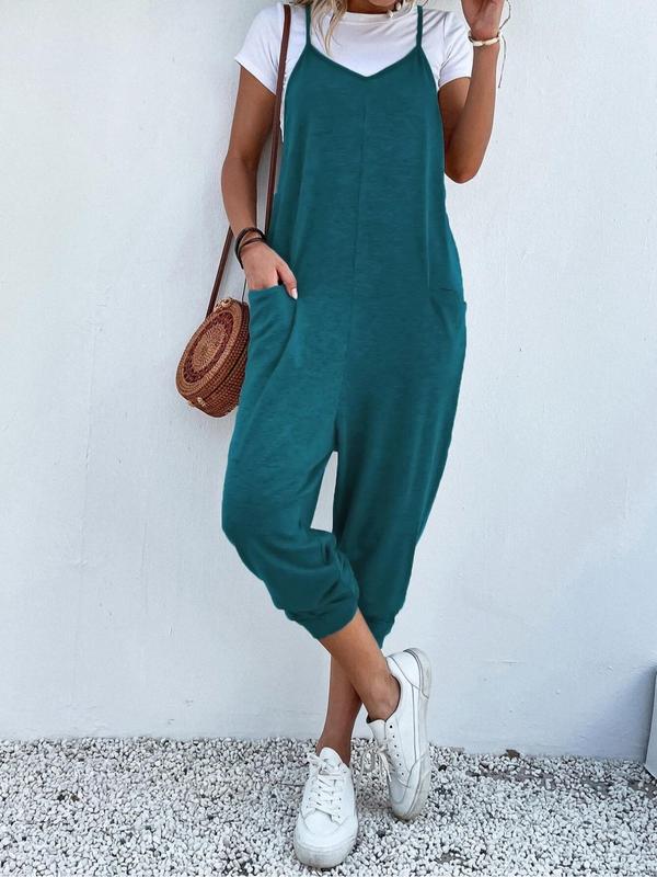  solid Dual Pocket Keyhole Neckline Cami Jumpsuit, Jumpsuit for Spring & Summer & Fall, Overalls for Women, Back-to-School Clothing, Overalls Jumpsuit, Jumpsuit for Women, Clothes