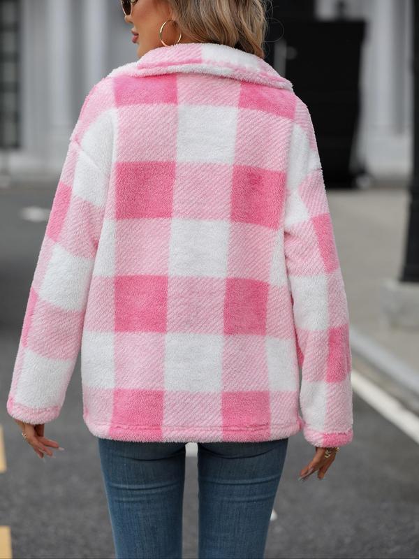 Women's Plaid Print Button Front Drop Shoulder Plush Coat Without Necklace & Sweater, Casual Long Sleeve Pocket Collared Outerwear For Fall & Winter, Women's Clothes For Daily Wear