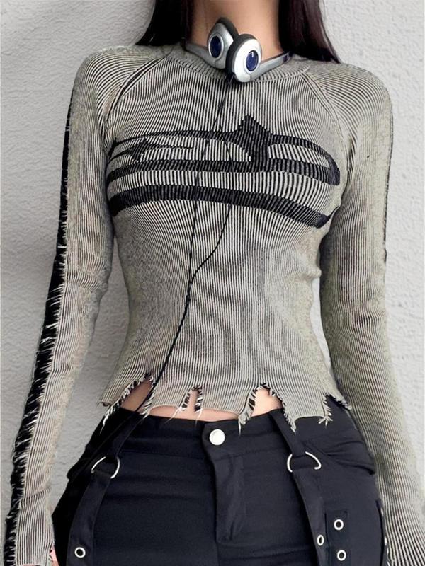 Ripped Graphic Raglan Sleeve Crop Sweater, Femboy Sissy Goth Outfit, Longsleeves Round Neck Jumper, Streetwear Knitting Top, Womenswear, Summer Outfits 2024