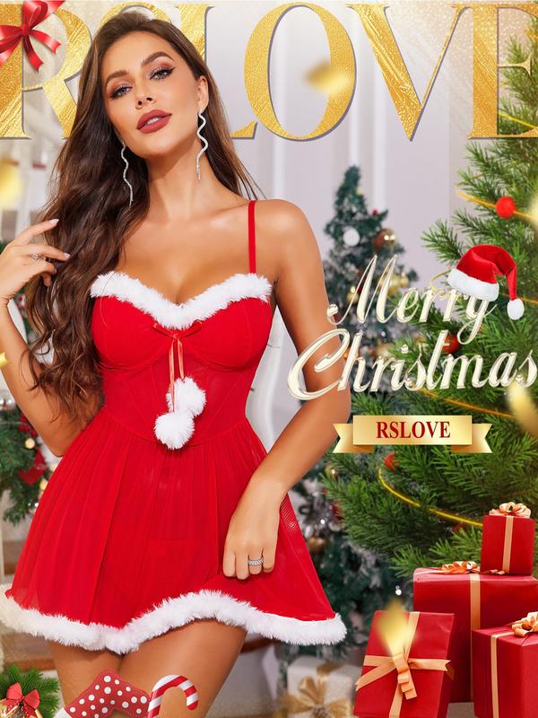 RSLOVE Christmas Babydoll Lingerie for Women - Sexy Santa Chemise Holiday Outfits Womens Red Mesh Xmas Spaghetti Strap Costumes Sleepwear Womenswear Underwear Comfort Cute