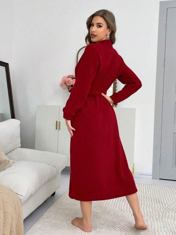 Women's Solid Belted Wrap Lounge Robe, Casual Long Sleeve V Neck Plush Dressing Gown, Ladies Pajamas Sleepwear for Fall & Winter