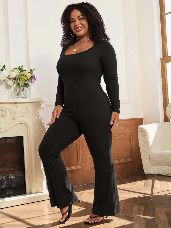 CURVZY Plus Size Fall Aesthetic Solid Keyhole Back Flare Leg Jumpsuit, Casual Long Sleeve Square Neck Skinny Jumpsuit for Spring & Fall, Women's Clothes for Daily Wear