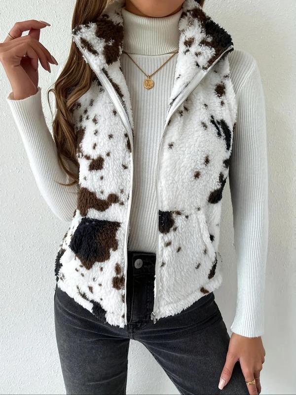 Women's All Over Cow Print Pocket Zip Up Fuzzy Vest Coat, Casual Stand Collar Sleeveless Outerwear for Daily Wear, Ladies Clothes for All Seasons