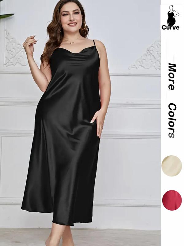 Plus Size Plain Cowl Neck Backless Satin Cami Nightdress, Casual Comfy Adjustable Spaghetti Strap Nightgown, Women's Sleepwear for Summer