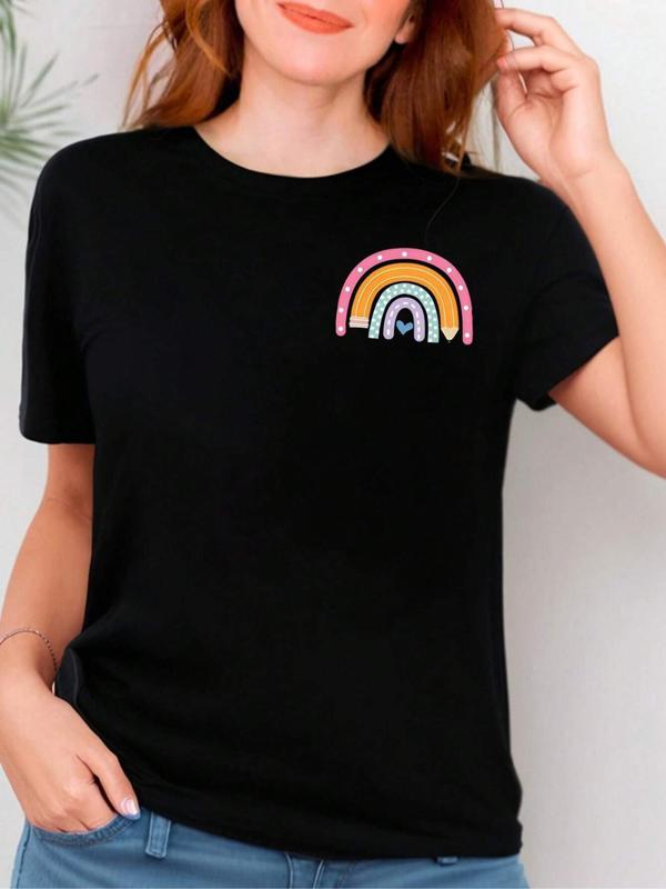 Women's Rainbow & Letter & Floral Print Round Neck Graphic Tee, T Shirts for Women, Vintage Trendy Casual Short Sleeve T-shirt for Daily Wear, Ladies Summer Outfit