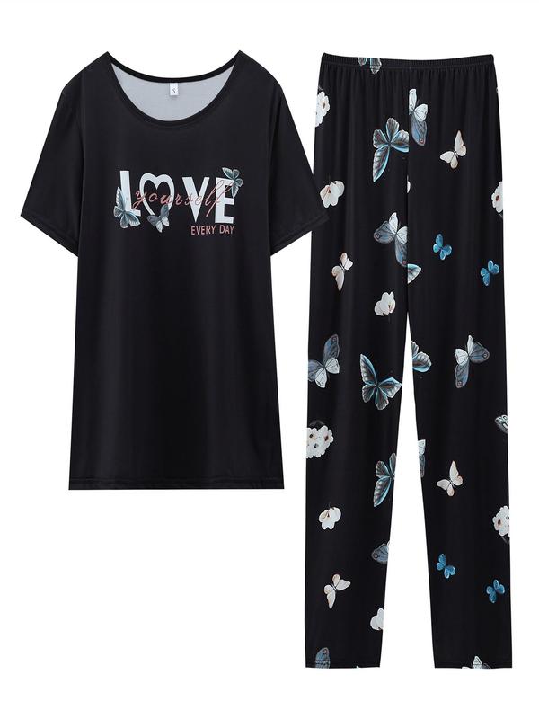 Women's Letter Butterfly Graphic Pyjama Set, Casual Crew Neck Tee & Elastic Waist Pants for Daily Home Wear, Soft Sleepwear Set for All Seasons, Lounge Co-ord Set for Women, PJ Sets for Women, Loungewear & Homewear for Women