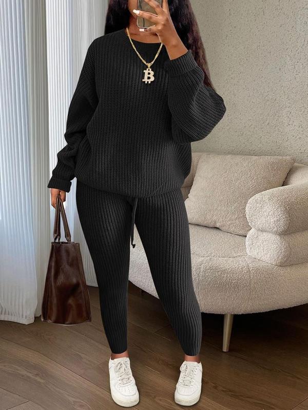 Women's Solid Drop Shoulder Long Sleeve Sweater & Drawstring Waist Pants Set, Casual Fashion Cozy Knitwear for Daily Outdoor Wear, Two Piece Set Women, Ladies Fall Clothes, Downtown Girl Clothes, Hourglass Body in Baggy Clothes